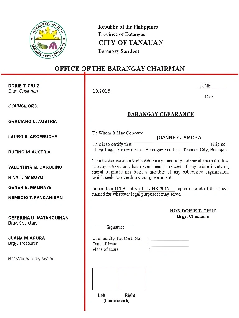 Barangay Certificate Sample