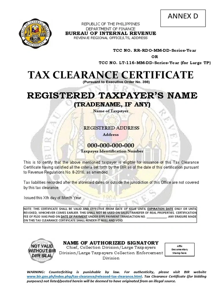 Tax Clearance Certificate Sample and Format